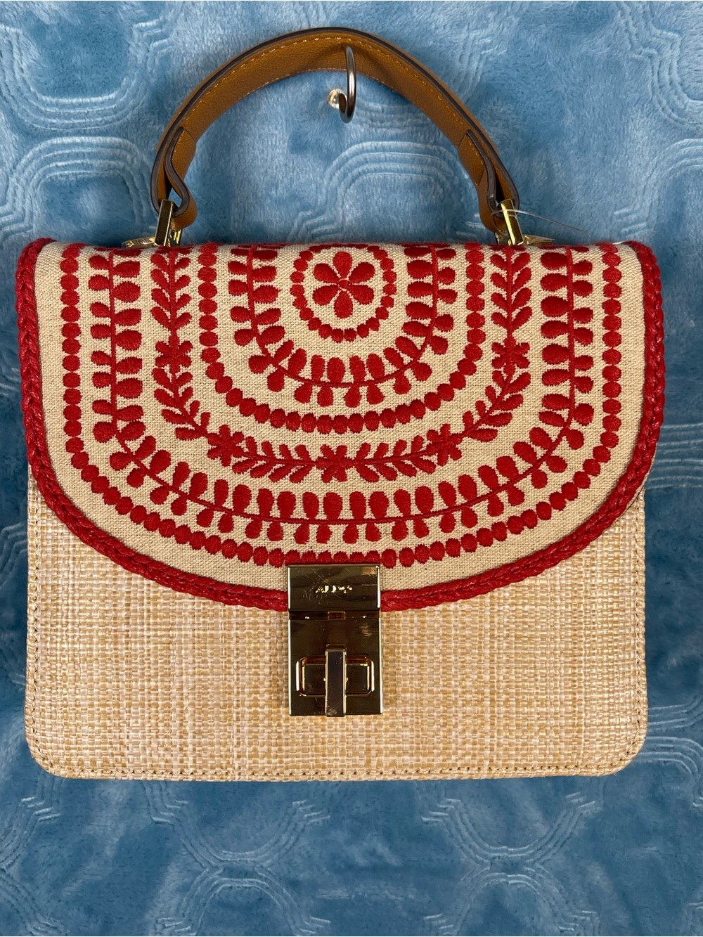 Aldo Beige Straw Satchel with Red Embroidered Flap